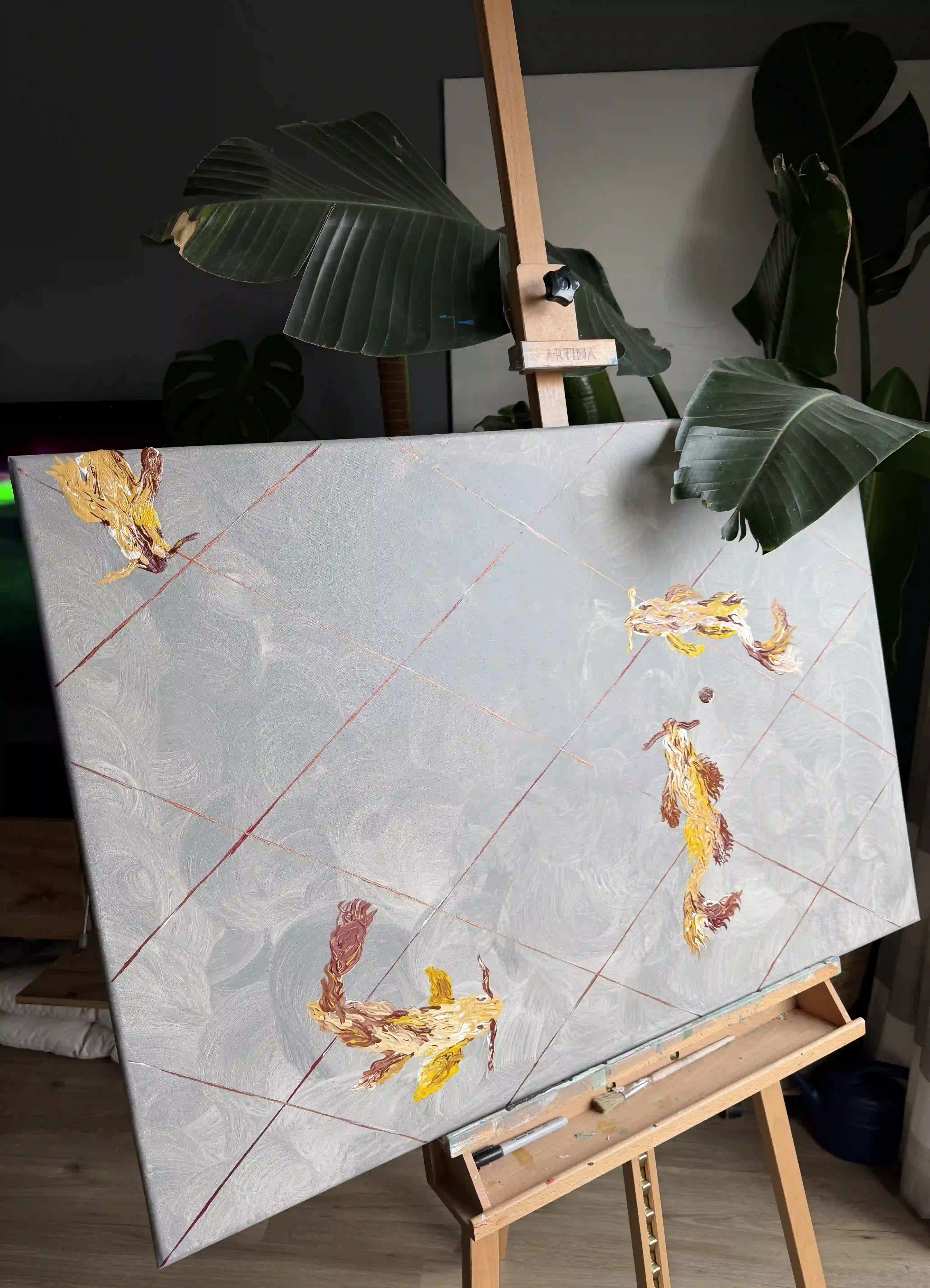 Originalgemälde Himmelsnetz auf der Staffelei im Atelier Studio Visus