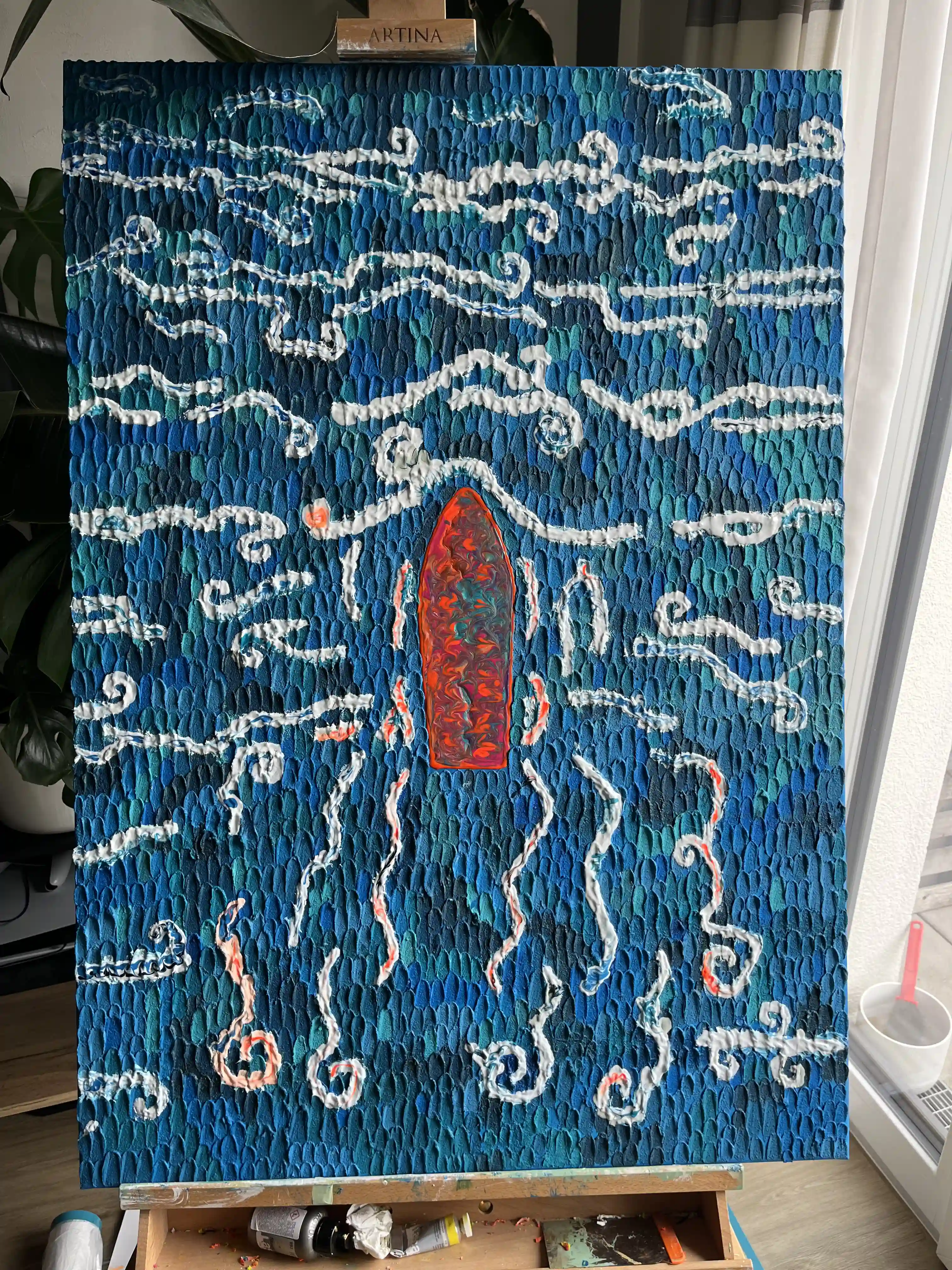 Das Werk Boot auf der Staffelei im Atelier studiovisus