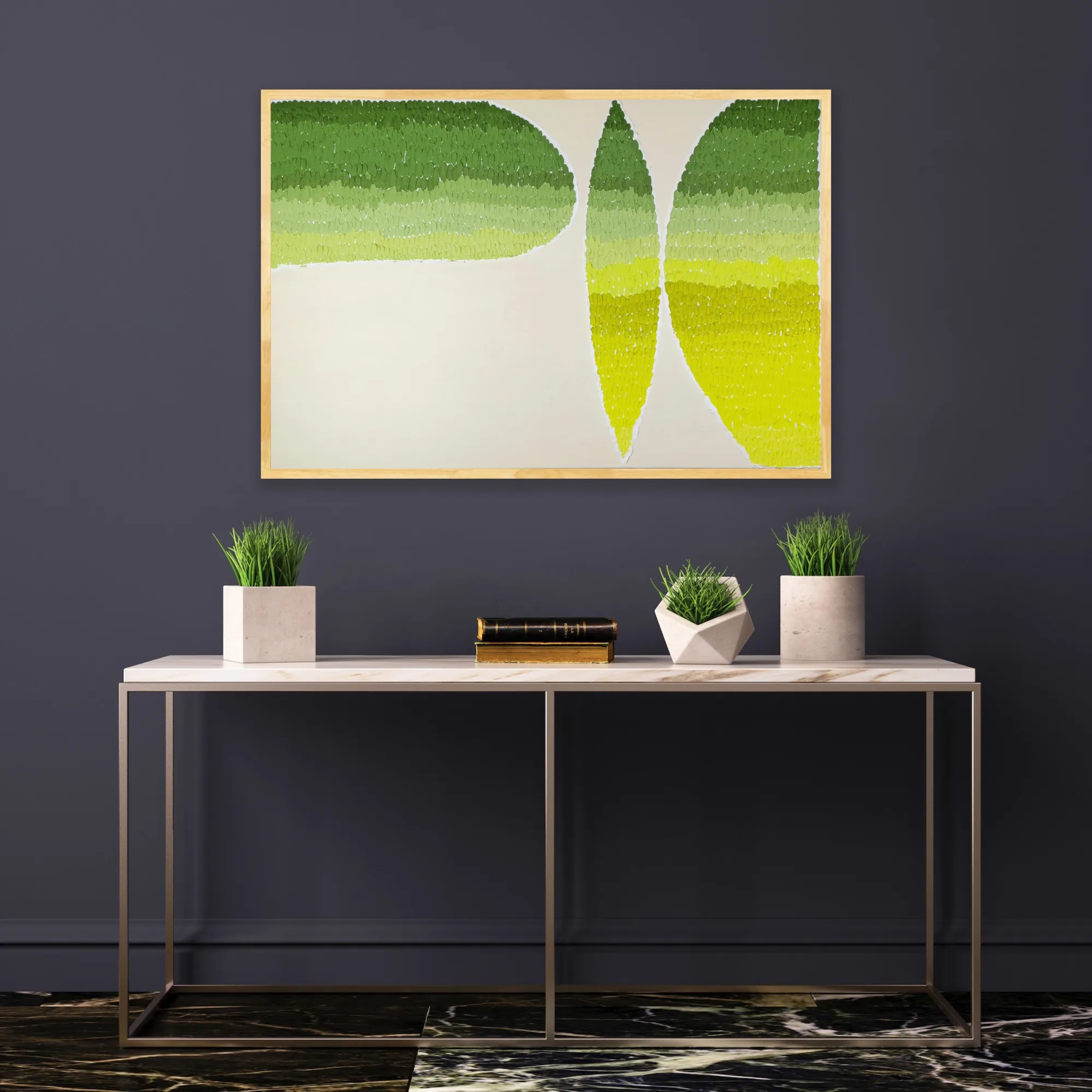 Grünes und belbes Bild mit Schuppenmustern. 70 x 120 cm