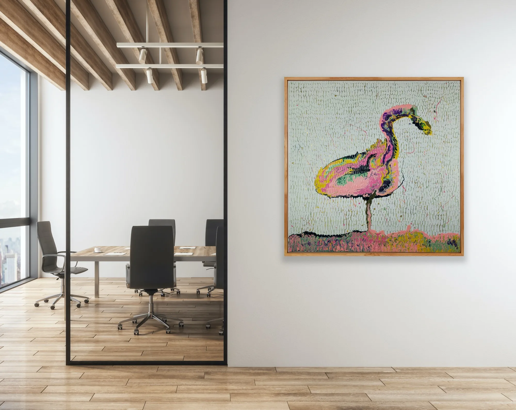 Originalgemälde Flamingo in einem Büro — Kunst für Meeting-Räume und Empfangsbereiche